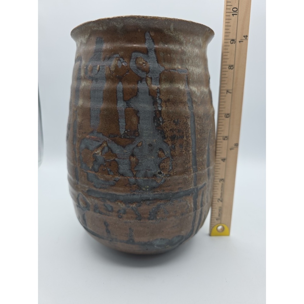 Brutalist Primative Studio Art MCM Vase Abstract Patten Signed Schultz